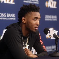 Utah Jazz guard Donovan Mitchell talks to the media at Zions Bank Basketball Center in Salt Lake City on Thursday, April 25, 2019. Utah's season ended with Wednesday's loss to Houston in the first round of the NBA playoffs.