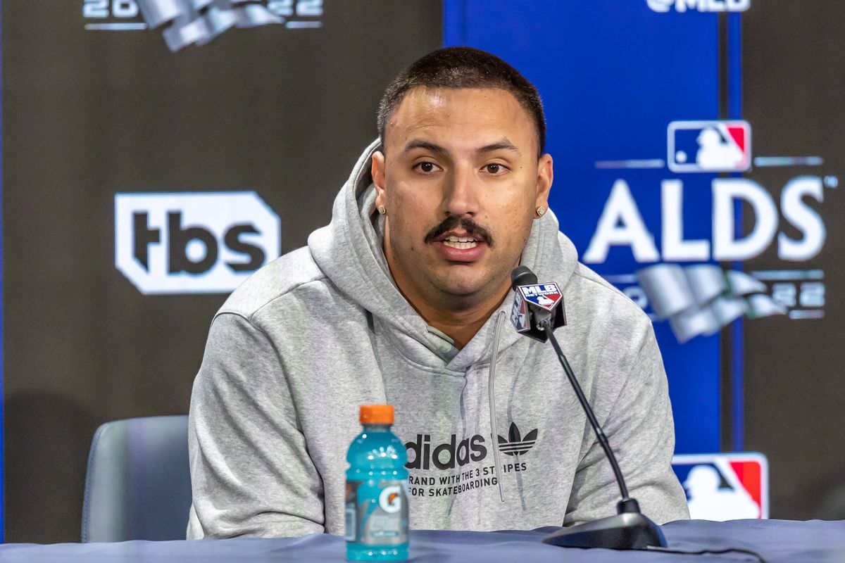 New York Yankees Nestor Cortes at press conference before Game 2 of ALDS at Yankee Stadium