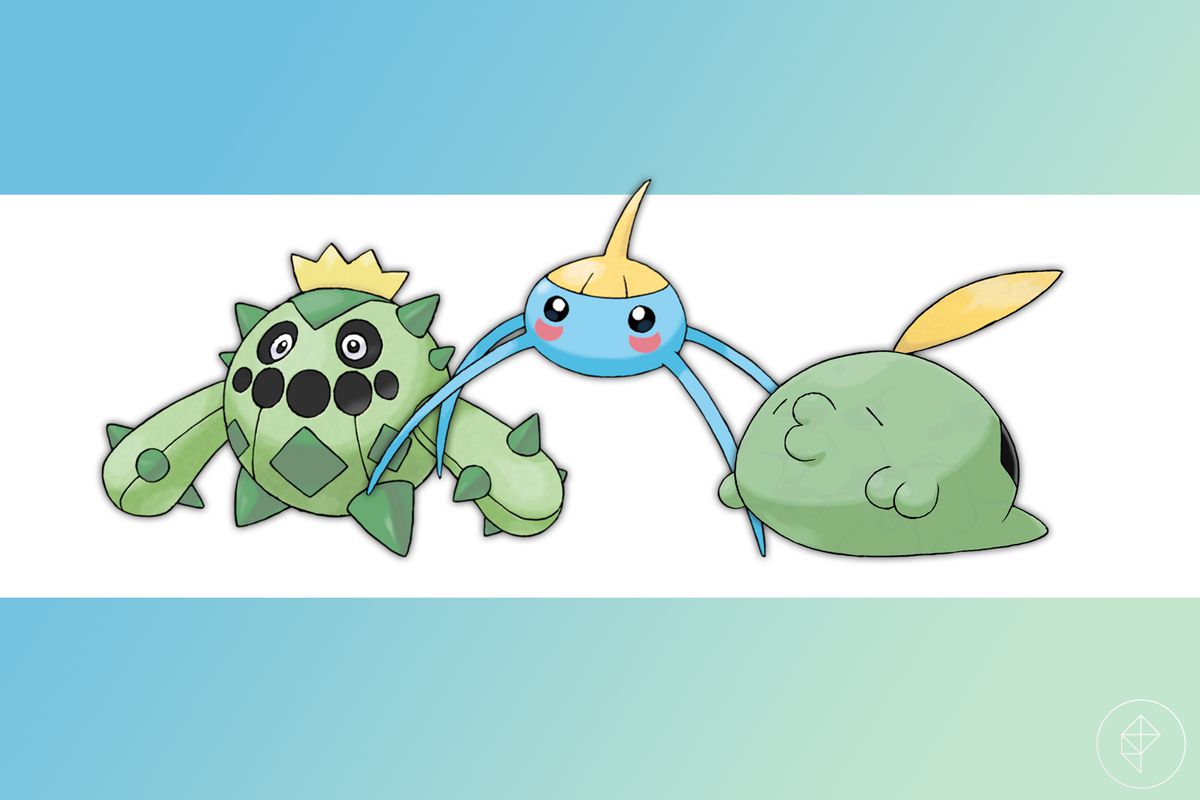 Three Pokémon on a blue and green gradient background: Cacnea, Surskit, and Gulpin