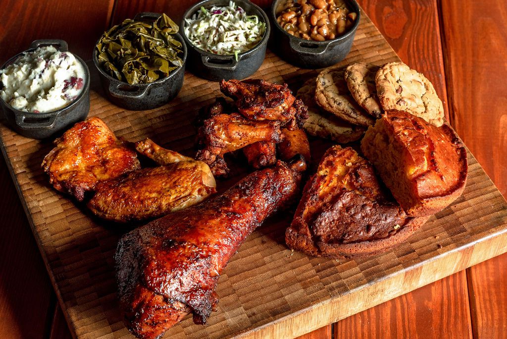 A “poultry party” from Money Muscle BBQ comes with wings, barbecue chicken, and a brined turkey leg.