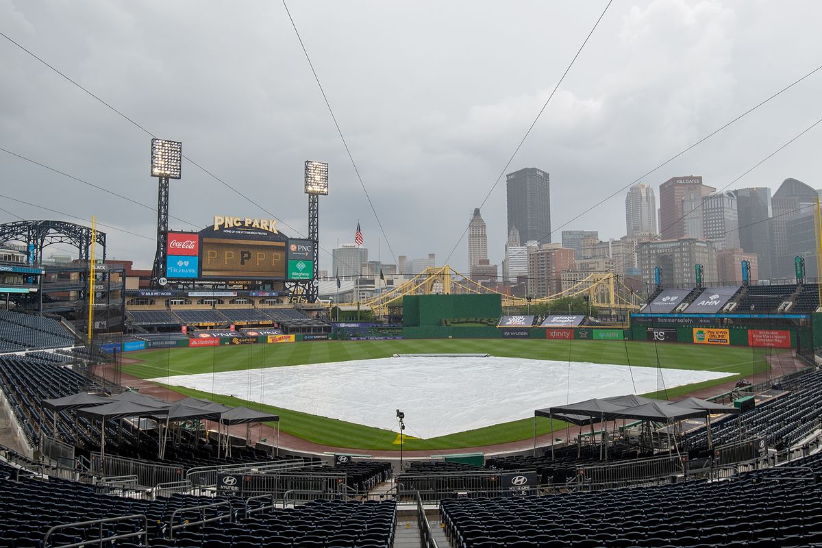 The tarp sits on the field during a rain delay before the game between the Pittsburgh Pirates and the Milwaukee Brewers at PNC Park on August 23, 2020 in Pittsburgh, Pennsylvania.