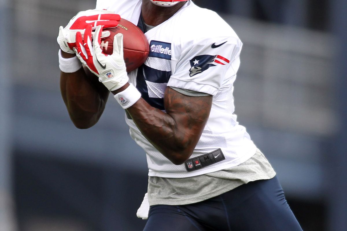 July 27, 2012; Foxborough, MA, USA; New England Patriots wide receiver Brandon Lloyd catches a pass during training camp at the team practice facility. Mandatory Credit: Stew Milne-US PRESSWIRE