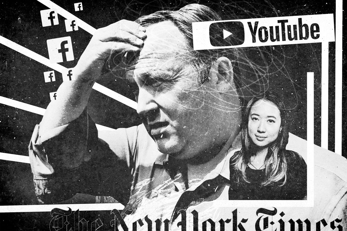 Black-and-white images of Alex Jones and Sarah Jeong, with YouTube, Facebook, and New York Times logos