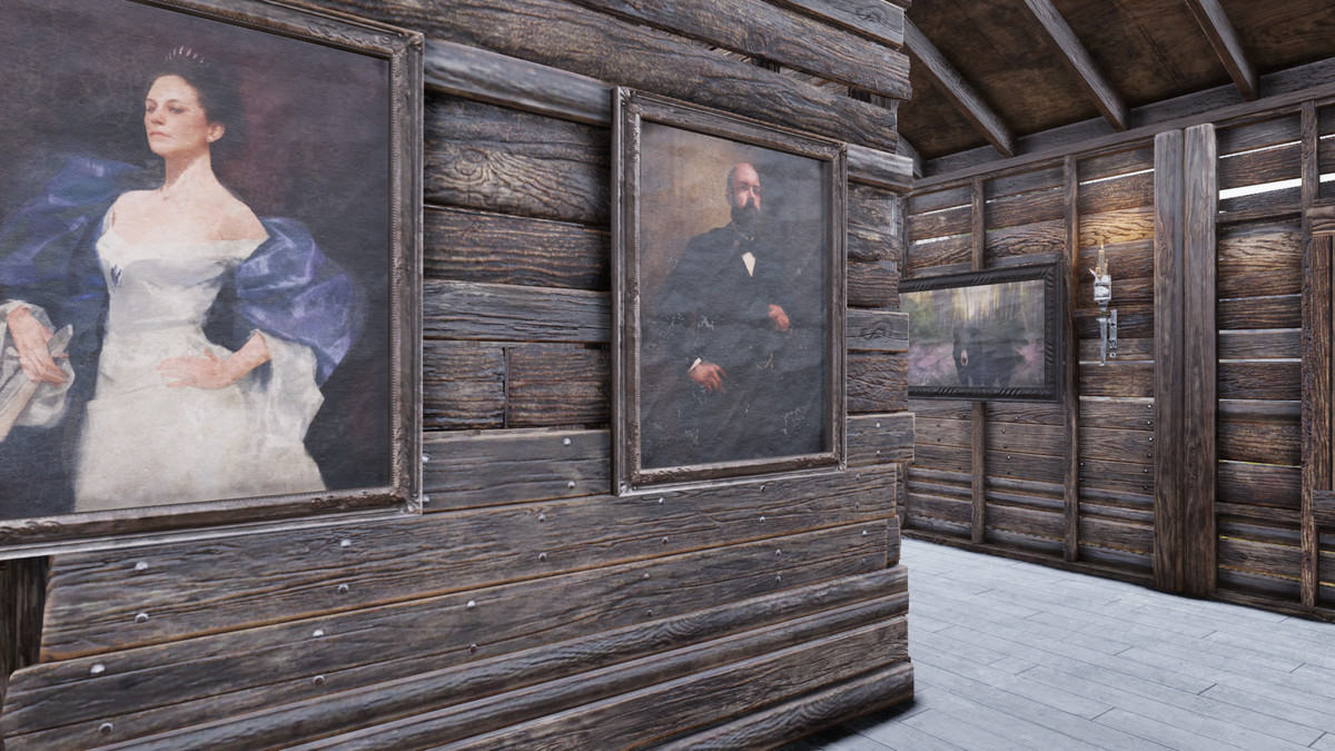 Fallout 76 - a player’s CAMP, with candles for light and portraits on the walls.