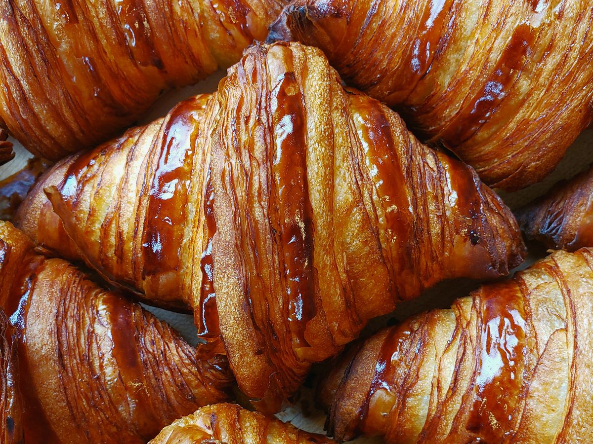 A closeup on fresh croissants. 