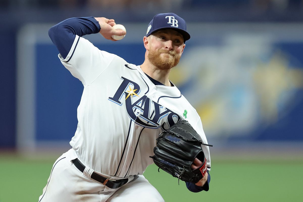 Drew Rasmussen #57 of the Tampa Bay Rays pitches against the New York Yankees during the second inning of the game at Tropicana Field on May 6, 2023 in St. Petersburg, Florida.