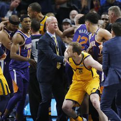 Utah Jazz and Phoenix Suns scuffle in Salt Lake City on Thursday, March 15, 2018. The Jazz 116-88. Phoenix Suns Marquese Chriss (0) and Phoenix Suns forward Jared Dudley (3) were ejected.