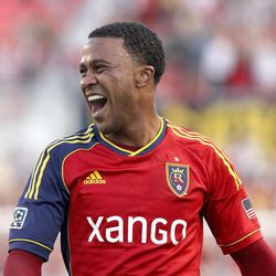RSL's Robbie Findley celebrates his goal in an MLS game between Real Salt Lake and San Jose at Rio Tinto Stadium in Sandy on Saturday, June 1, 2013. RSL beat the Earthquakes 3-0.