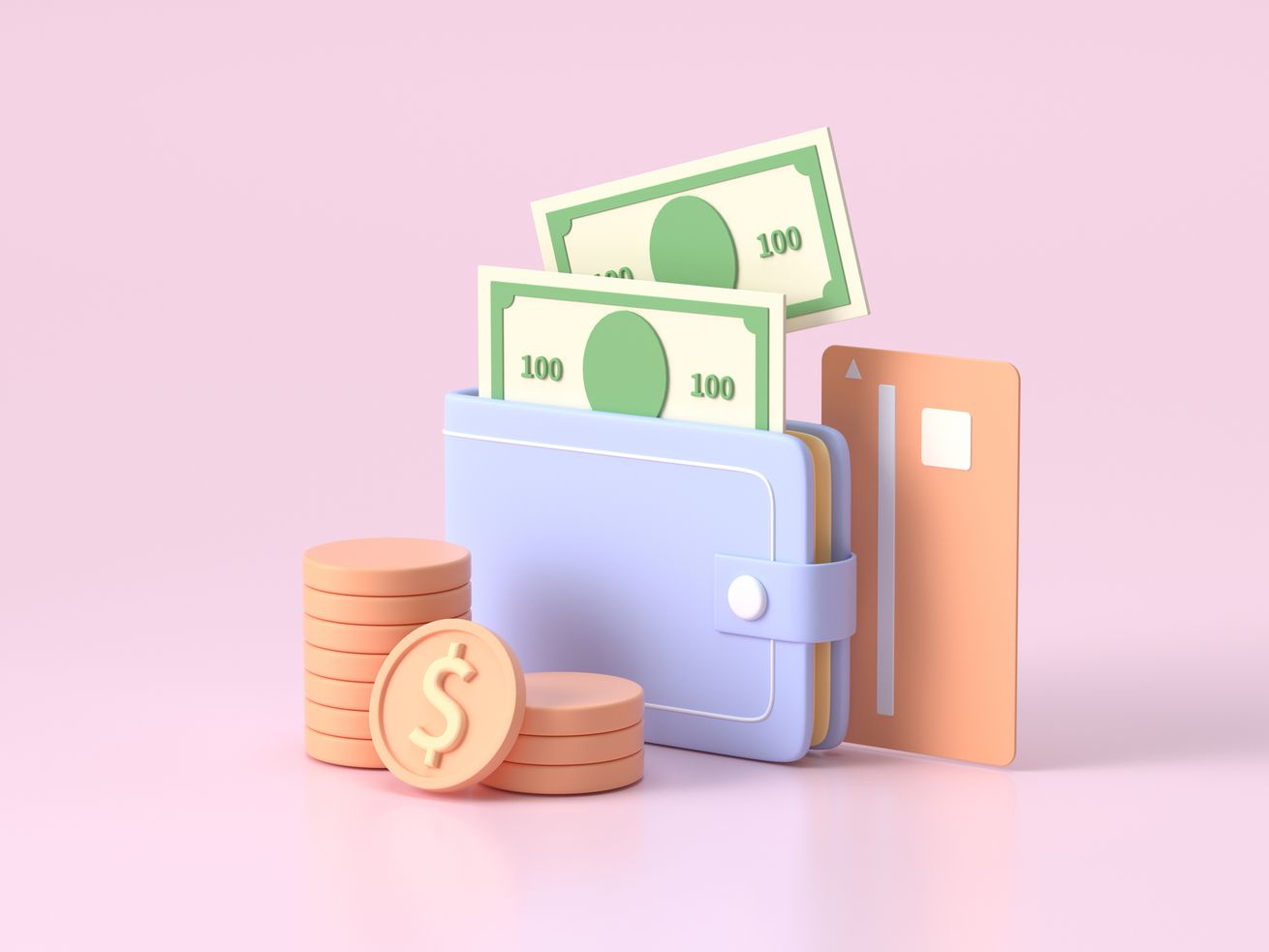 stylized photo of modern wallet, money, and credit cards in pastel colors on a light pink background