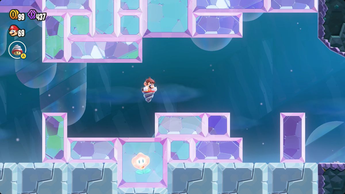 Super Mario Bros. Wonder Jewel-Block Cave screenshot showing the Wonder Flower location.