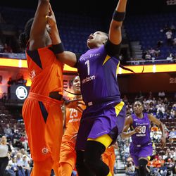 The Los Angeles Sparks take on the Connecticut Sun in a WNBA game at Mohegan Sun Arena on May 24, 2018.