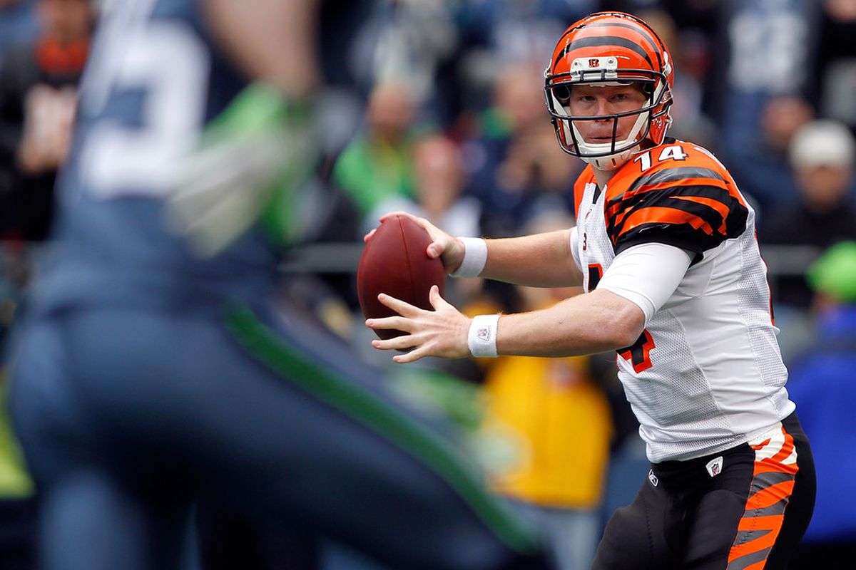 SEATTLE - OCTOBER 30:  Quarterback Andy Dalton #14 of the Cincinnati Bengals throws a pass against the Seattle Seahawks on October 30, 2011 at Century Link Field in Seattle, Washington.  (Photo by Jonathan Ferrey/Getty Images)