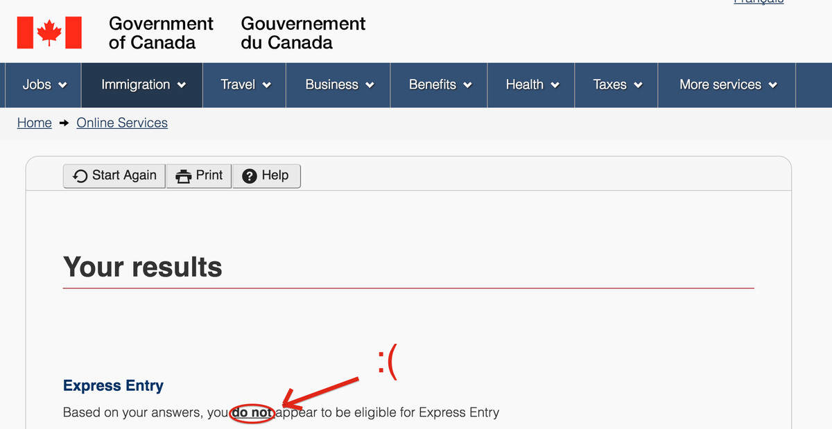 Screenshot of a Canadian government website telling the author that she does not, in fact, qualify for Express Entry into the nation of Canada.