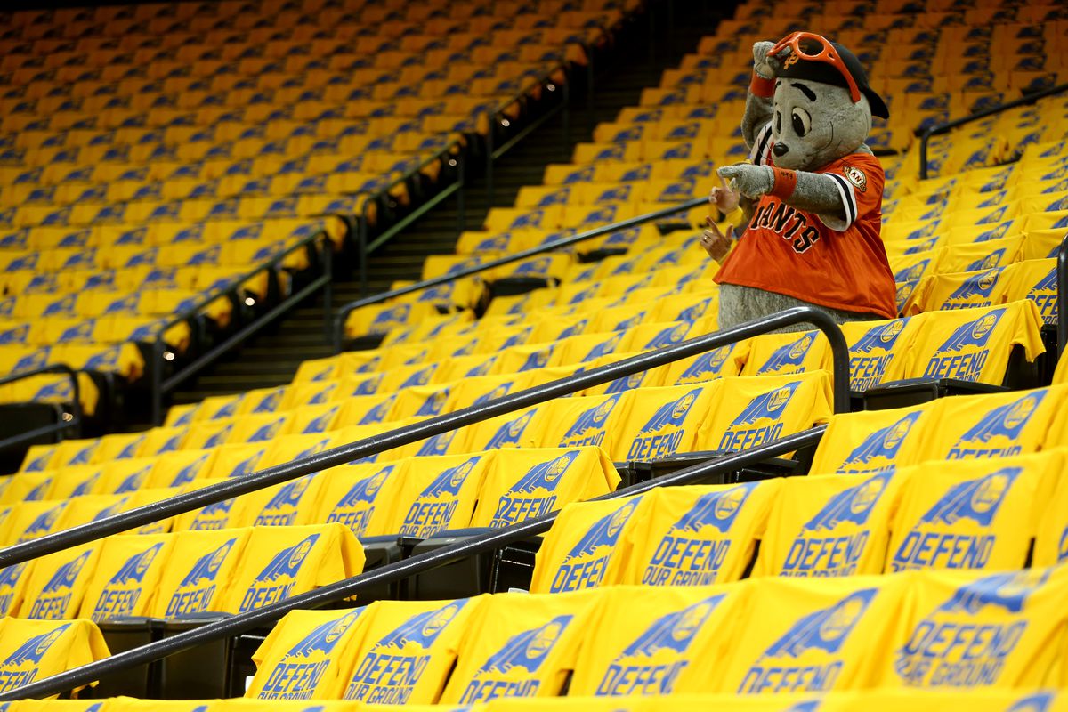 San Francisco Giants mascot Lou Seal is photographed before the Golden State Warriors take on the Portland Trail Blazers in Game 2 of their NBA first round playoff series at Oracle Arena in Oakland, Calif., on Wednesday, April 19, 2017. (Ray Chavez/Bay Ar