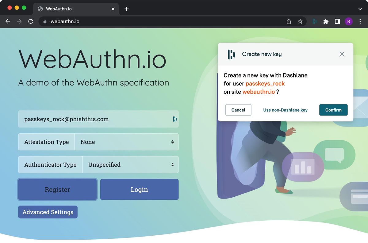 Une capture d'écran du site Web WebAuthn, avec une page de création de clé d'authentification Dashlane.