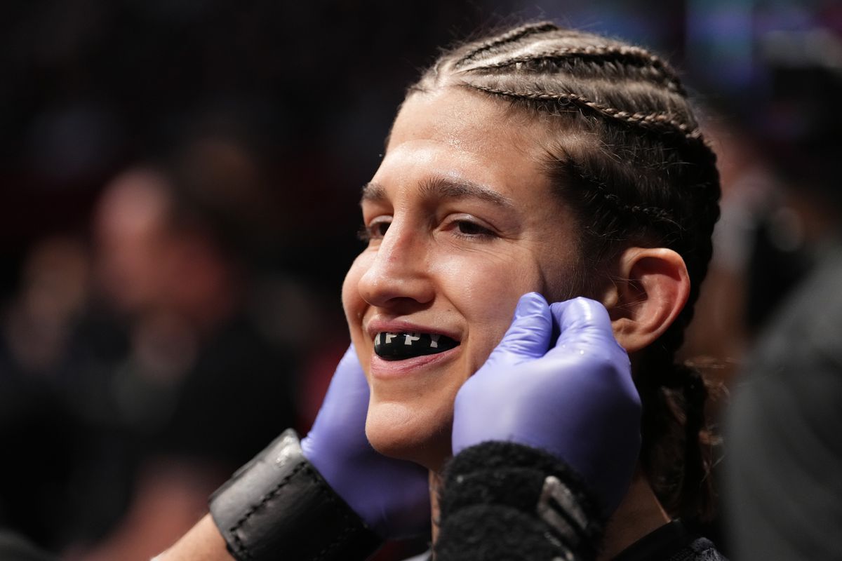 Roxanne Modafferi gets check by the cutman before her bout against Casey O’Neill.
