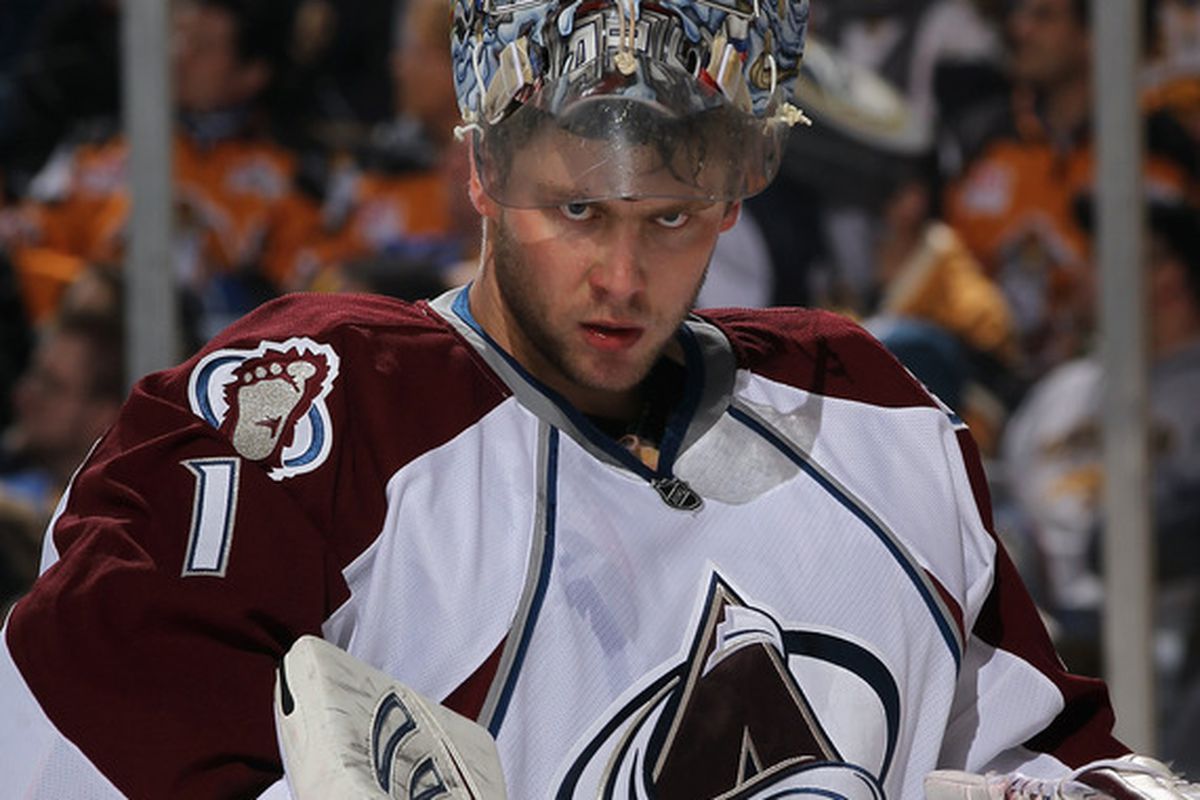 BUFFALO, NY - MARCH 14: Semyon Varlamov #1 of the Colorado Avalanche takes a break during second period action against the Buffalo Sabres at the First Niagara Center on March 14, 2012 in Buffalo, New York.  (Photo by Bruce Bennett/Getty Images)