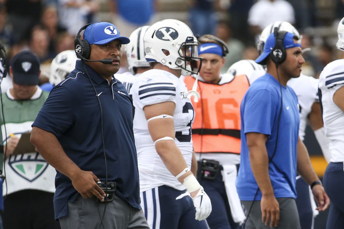 Brigham Young Cougars head coach Kalani Sitake walks off the sideline during a timeout in the second half of an NCAA football game at The Glass Bowl in Toledo, Ohio on Saturday, Sept. 28, 2019. The Cougars fell 28-21 to the Rockets.