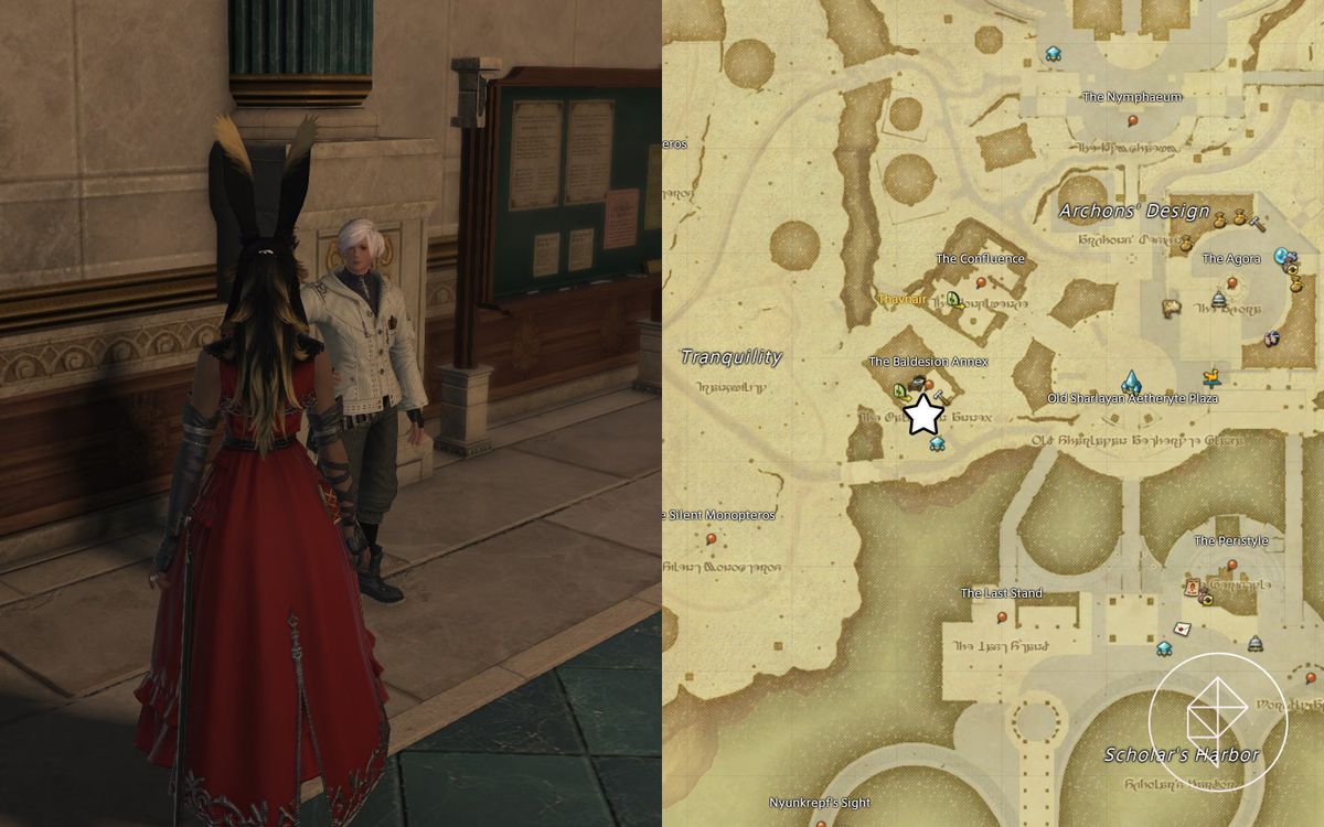 A Viera in red stands in front of a NPC in Old Sharlayan.