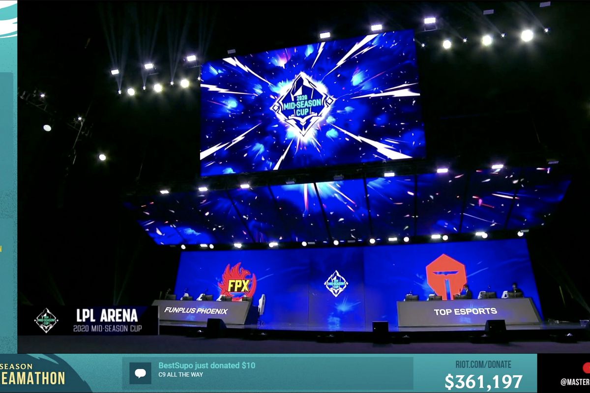 In this screengrab taken from the League of Legends Mid-Season Cup, the stage is seen during the League of Legends Mid-Season Cup Grand Final between FunPlus Phoenix and Top Esports at the LPL Arena on May 31.