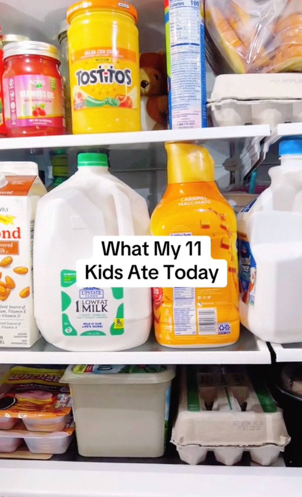 A full fridge, text reads, “What My 11 Kids Ate Today.”