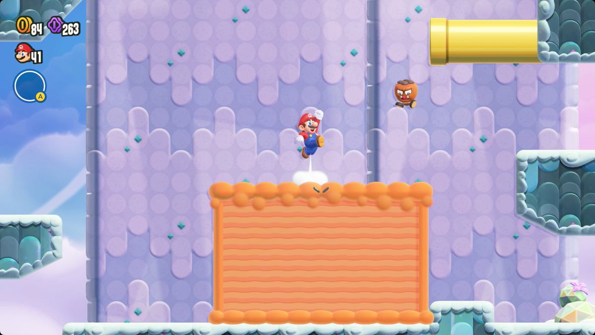 Super Mario Bros. Wonder Up ‘n’ Down with Puffy Lifts screenshot showing the route to a Wonder Flower.