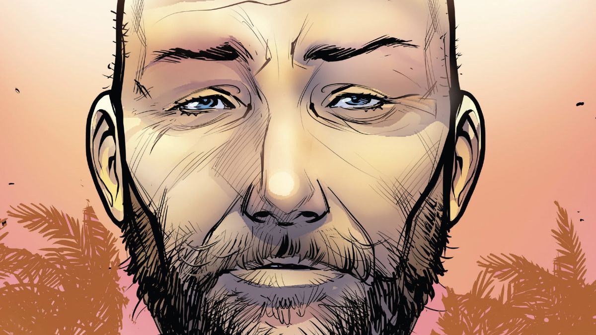 Charles Xavier has a dead-eyed stare, a patchy beard and a black, high-necked black shirt in Immortal X-Men #14 (2023).