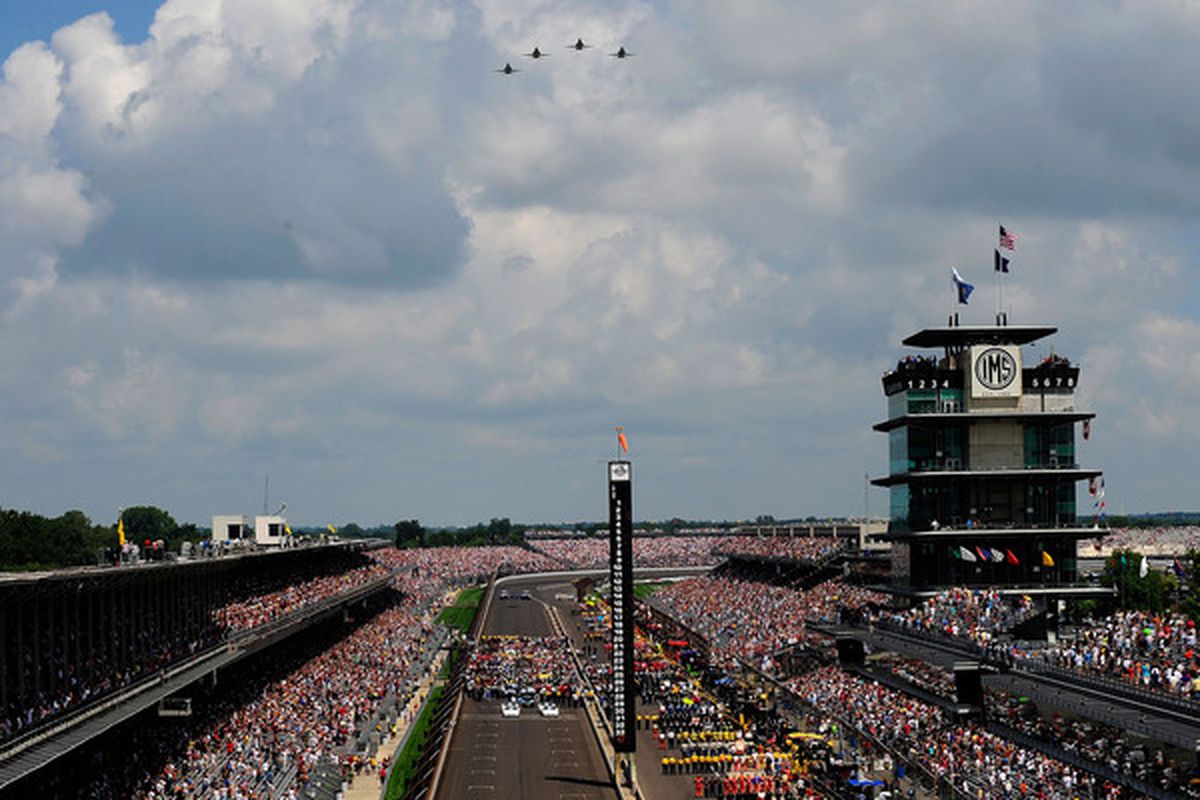 INDIANAPOLIS - JULY 25:  A flyover during the national anthem before the NASCAR Sprint Cup Series Brickyard 400 at Indianapolis Motor Speedway on July 25 2010 in Indianapolis Indiana.  (Photo by Rusty Jarrett/Getty Images for NASCAR)
