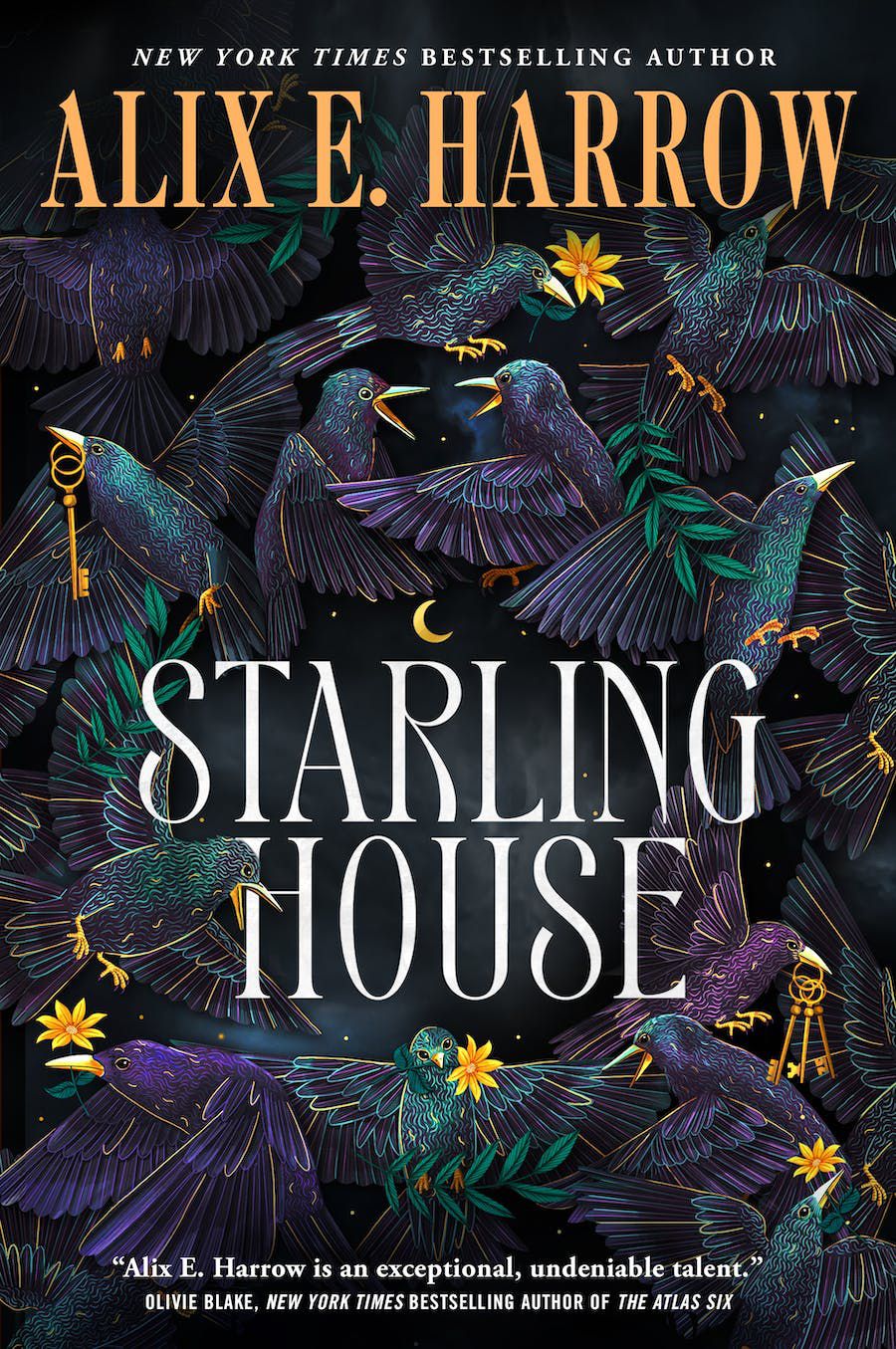 Cover art for Alix E. Harrow’s Starling House, which features a ton of starling birds, some with keys in their mouths, some with flowers.