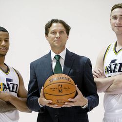 Head Coach Quin Snyder poses with Trey Burke and Gordon Hayward as the Utah Jazz hold their media day Monday, Sept. 29, 2014, in Salt Lake City at the Zions Bank Basketball Center.
