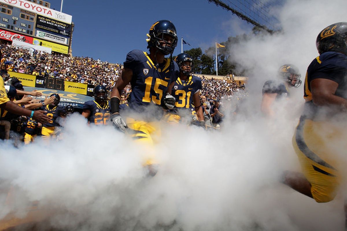 BERKELEY CA - SEPTEMBER 11: Bryant Nnabuife #15 of the California Golden Bears enters the field against the Colorado Buffaloes at California Memorial Stadium on September 11 2010 in Berkeley California. (Photo by Jed Jacobsohn/Getty Images)