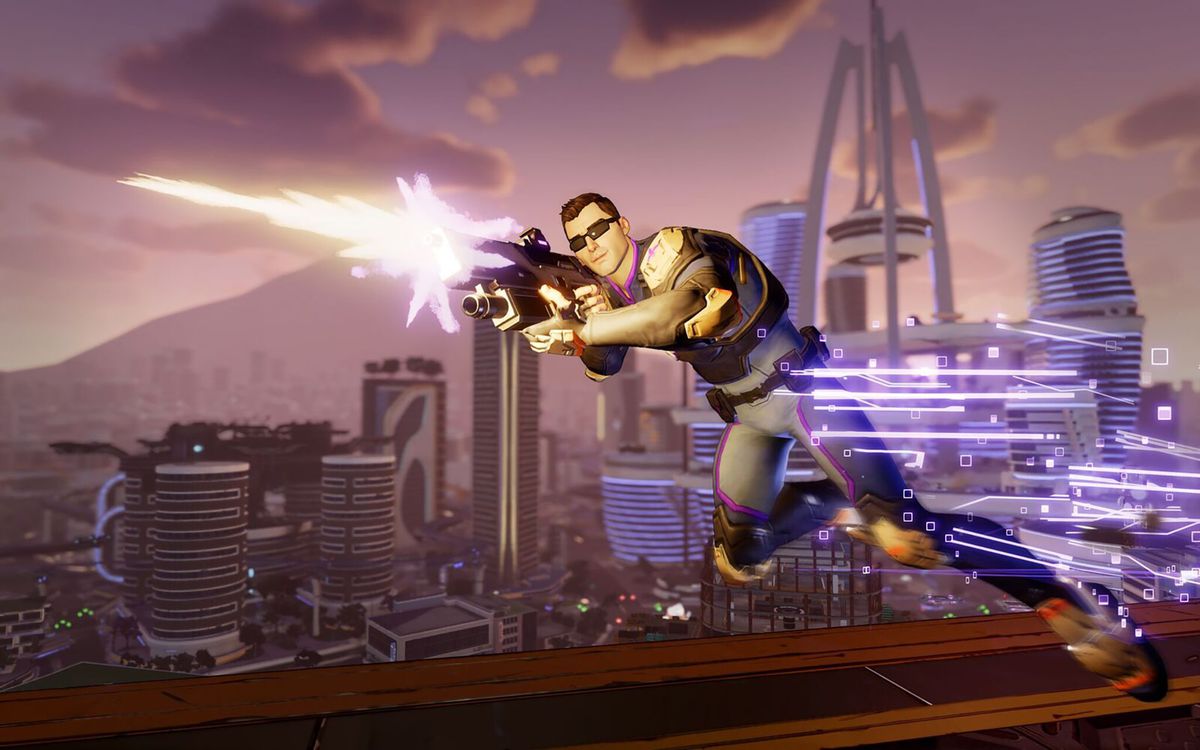 In this screenshot from Agents of Mayhem, playable character Hollywood is dashing to one side while shooting a machine gun. The cityscape of the game’s setting of Seoul, South Korea can be seen behind him.