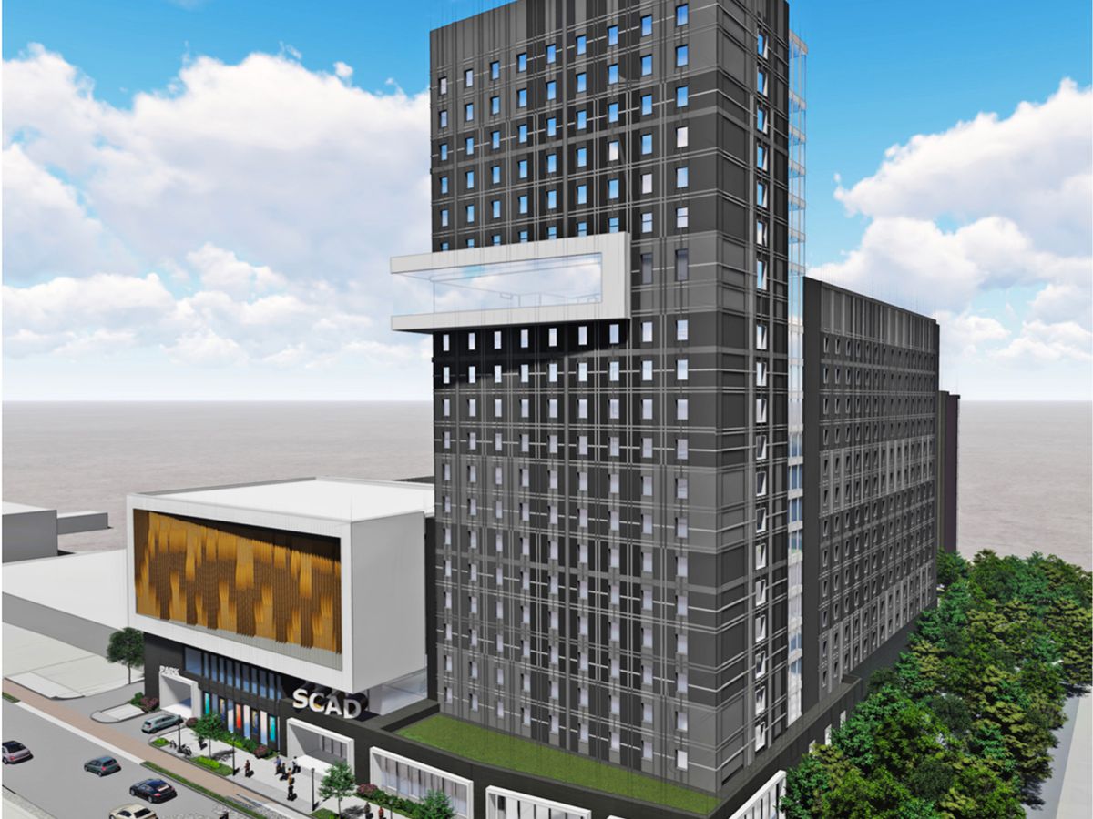 A rendering of the proposed project shows the 20-story residential component towering over other facets of the mixed-use space.