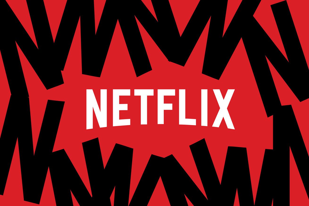 Illustration of the Netflix wordmark on a red and black background.