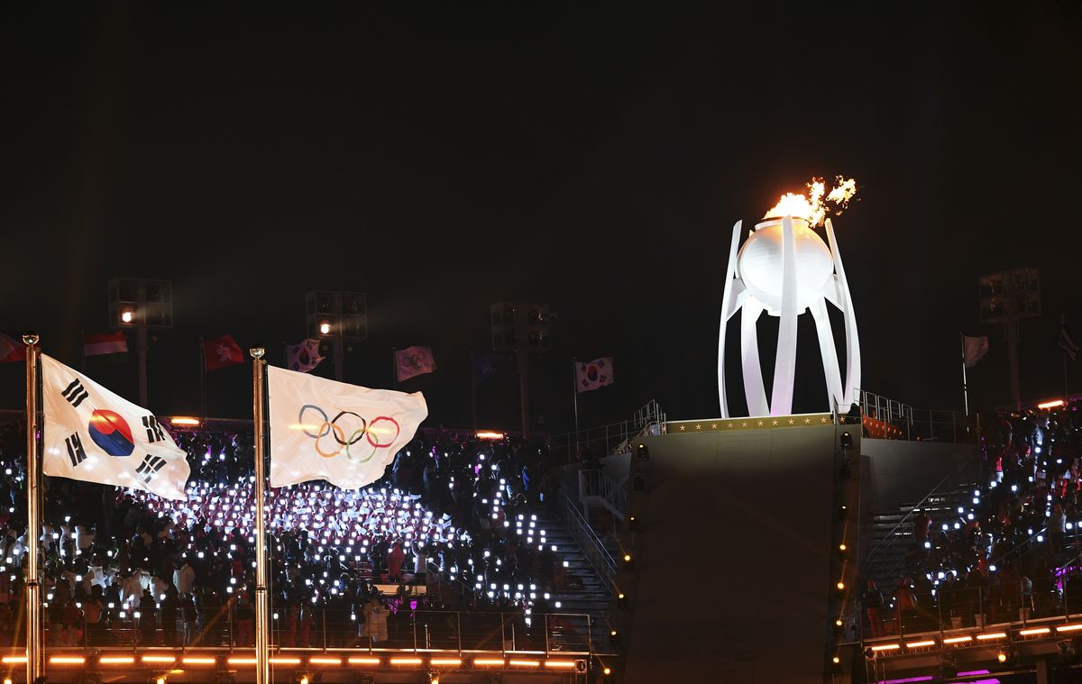 PYEONGCHANG-GUN, SOUTH KOREA - FEBRUARY 09:  The Olympic Cauldron is lit during the Opening Ceremony of the PyeongChang 2018 Winter Olympic Games at PyeongChang Olympic Stadium on February 9, 2018 in Pyeongchang-gun, South Korea.  (Photo by Matthias Hangs