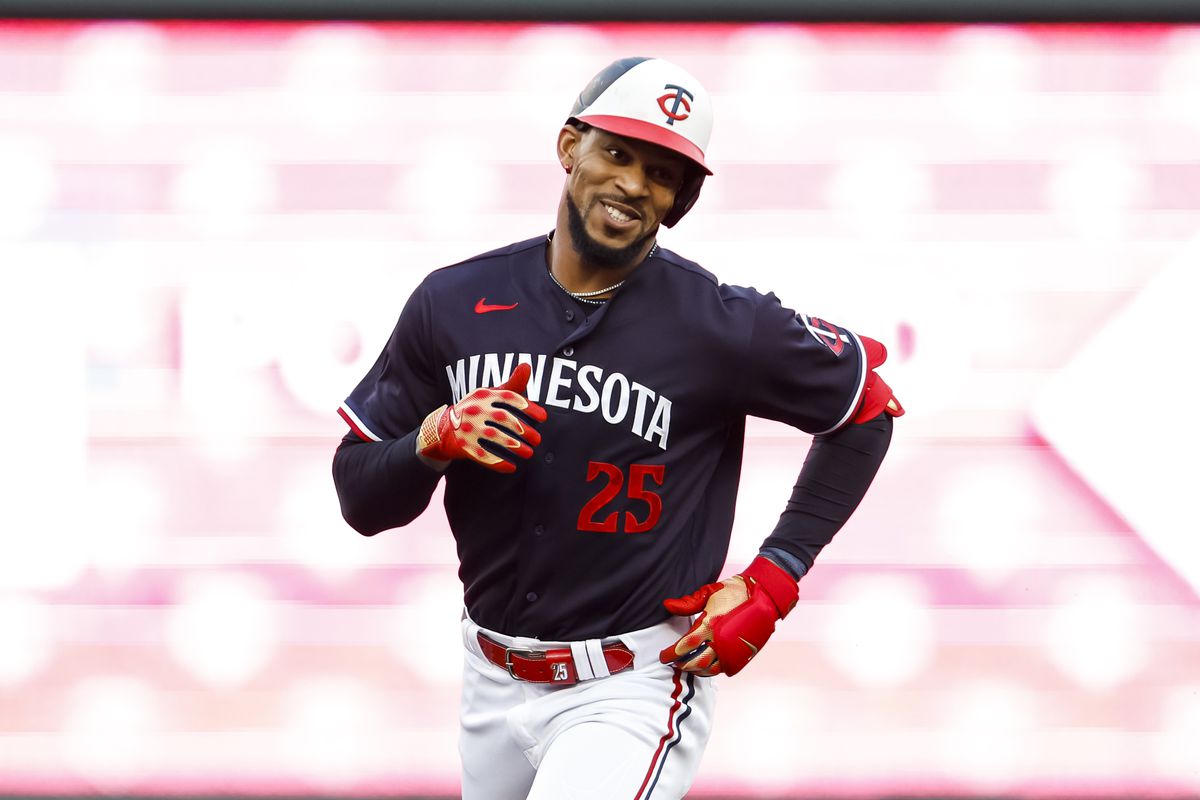 Byron Buxton of the Minnesota Twins rounds the bases on his two-run home run in the first inning against the Chicago White Sox at Target Field on April 11, 2023 in Minneapolis, Minnesota. It was Buxton’s 100th career home run.