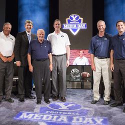 Left to Right: Gary Sheide, Gifford Neilson, Lavell Edwards, Marc Wilson, Ty Detmer (via satellite), Robbie Bosco and Steve Young. Group photo taken during the taping of "Lavell Edwards and the BYU Quarterback Factory". 2013 BYU Football Media Day, June 26, 2013