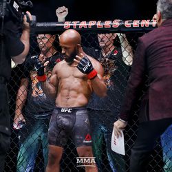 Demetrious Johnson listens to his intro at UFC 227.