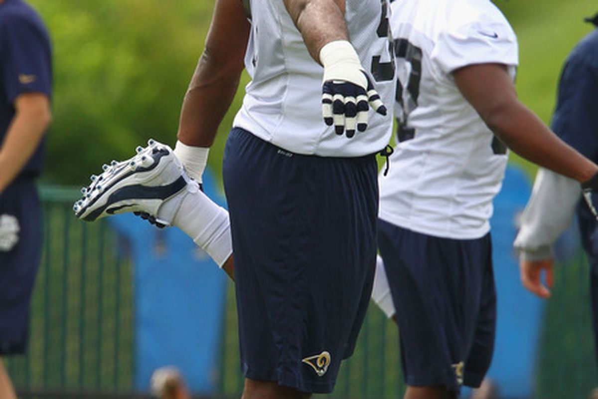ST. LOUIS, MO - MAY 12: Michael Brockers #90 of the St. Louis Rams stretches during rookie mini camp at the ContinuityX Training Center on May 12, 2012 in St. Louis, Missouri. (Photo by Dilip Vishwanat/Getty Images)