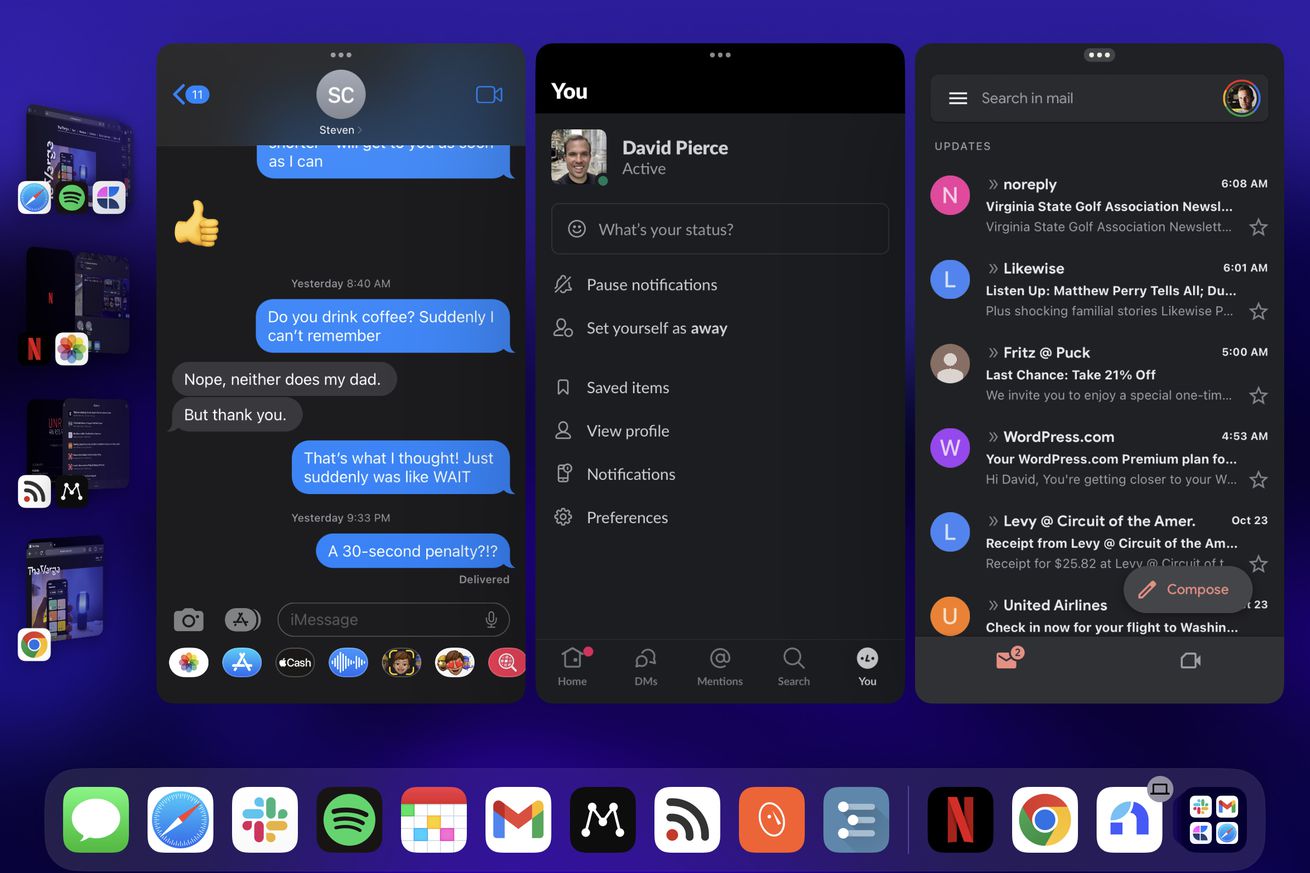 An iPad screenshot running Messages, Slack, and Gmail side by side.