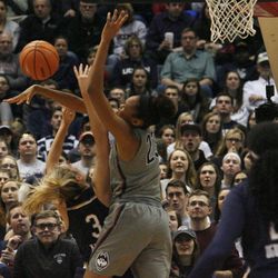 UConn’s Azura Stevens (23) blocks the shot of Notre Dame's Marina Mabrey (3) during the Notre Dame Fighting Irish vs UConn Huskies women's college basketball game in the Women's Jimmy V Classic at the XL Center in Hartford, CT on December 3, 2017.