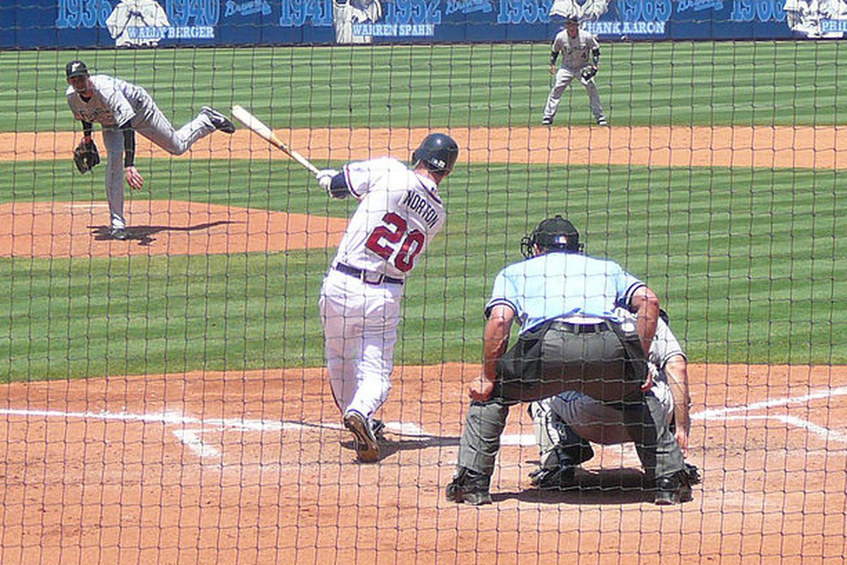 Norton hitting against Mark Hendrickson of the Florida Marlins in 2008.
