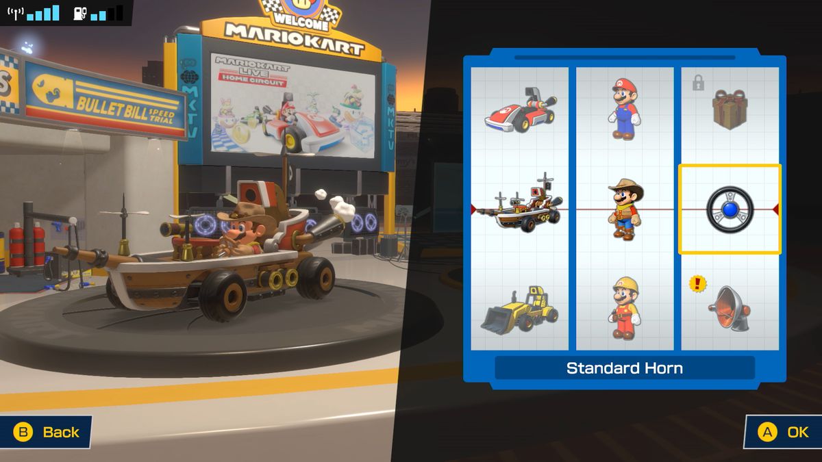 A customization menu from Mario Kart Live: Home Circuit