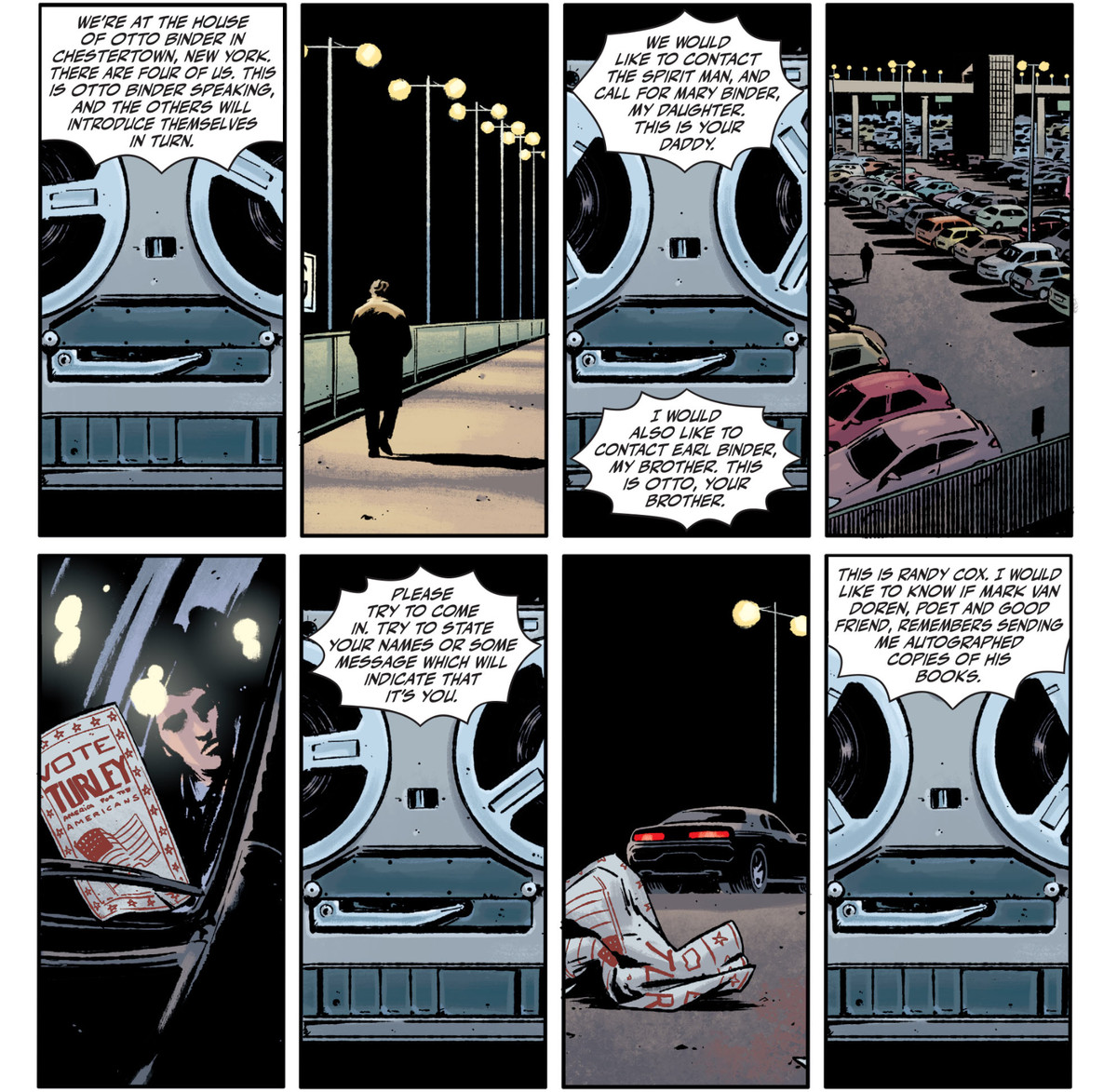 A recording made by attendees of a seance — including Otto Binder and a man asking for Mark Van Doren plays over images of a character getting into his car in a parking lot in Rorschach #1, DC Comics (2020). 