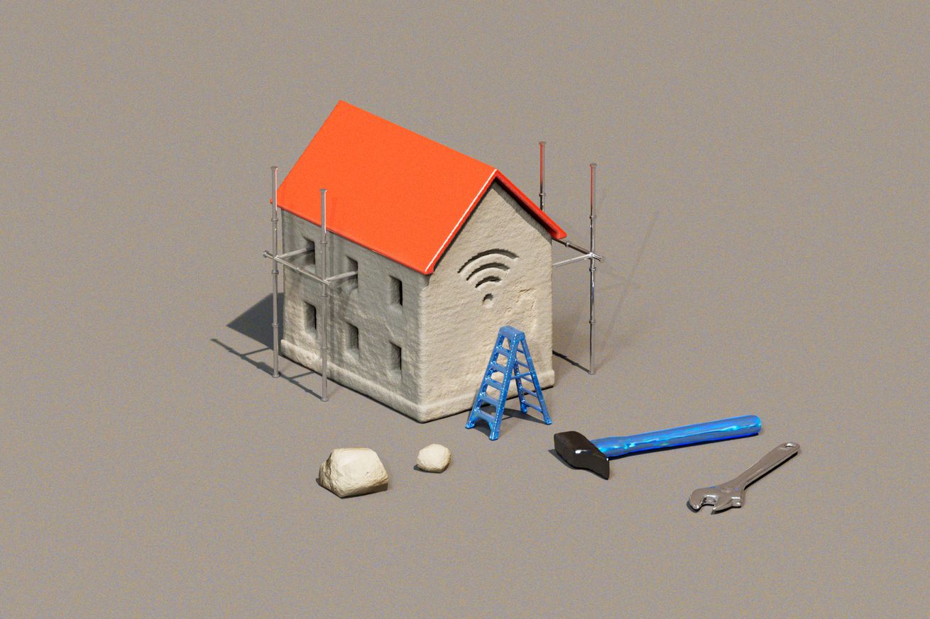 3D illustration of a tiny model home with a Wi-Fi symbol carved out of the side.