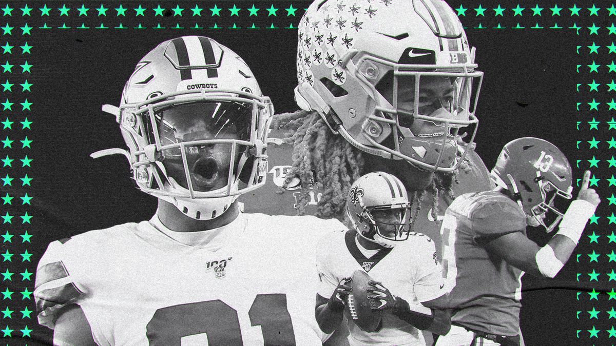 An art collage including current NFL players (Byron Jones, Teddy Bridgewater) and draft prospects (Chase Young, Tua Tagovailoa) superimposed on a black background with a green star border