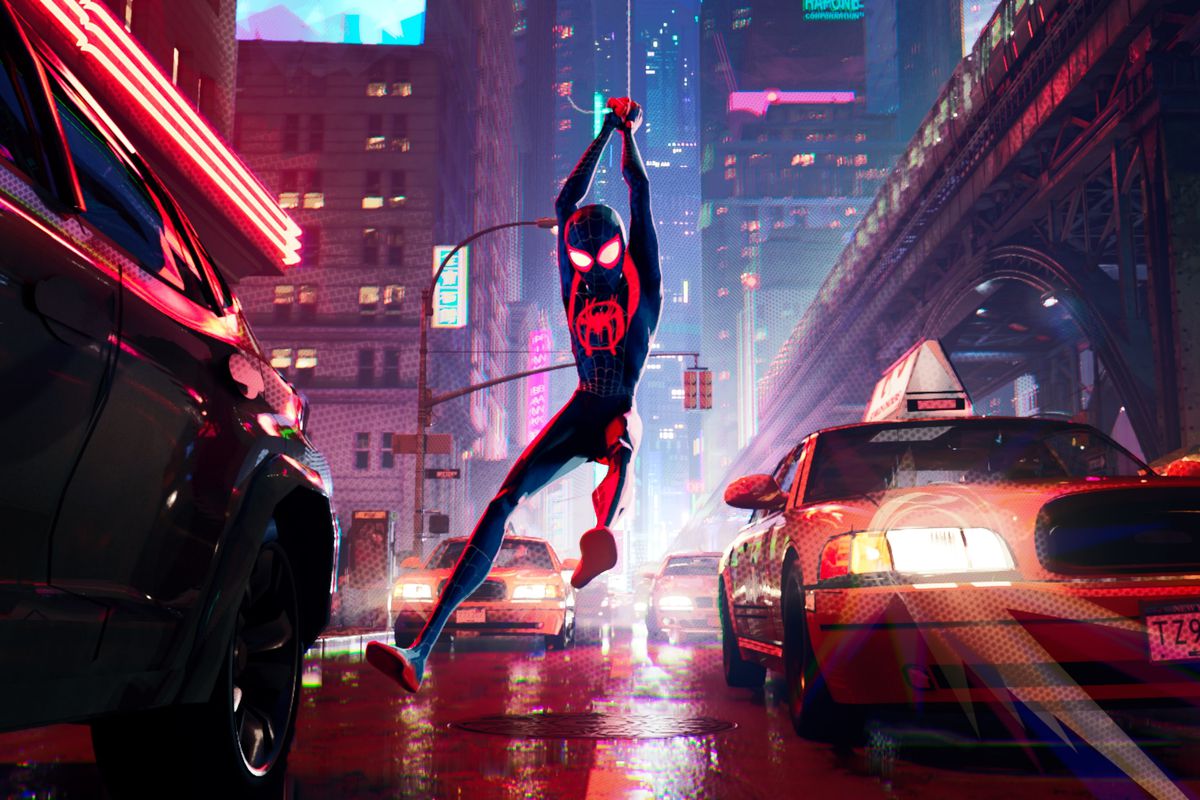 Miles Morales swings through Manhattan streets in Spider-Man: Into the Spider-Verse.
