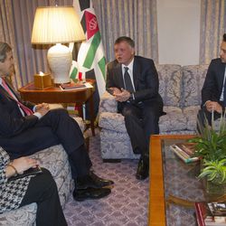 Sec. of State John Kerry, left, meets with King Abdullah II of Jordan, center, and his son Crown Prince Hussein, right, at the Four Season Hotel in Washington, Tuesday, Feb. 3, 2015. 