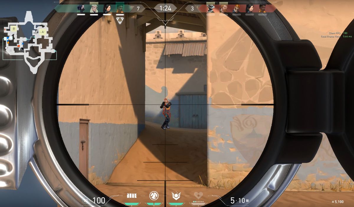 A crosshair pointed directly at a player in Valorant as the player runs by
