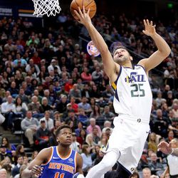 Utah Jazz guard Raul Neto (25) shoots and misses during a basketball game against the New York Knicks at the Vivint Smart Home Arena in Salt Lake City on Friday, Jan. 19, 2018.